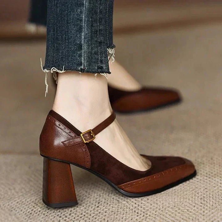 Constance | Square Toe Brogue Ankle Strap Block Heel Pumps
