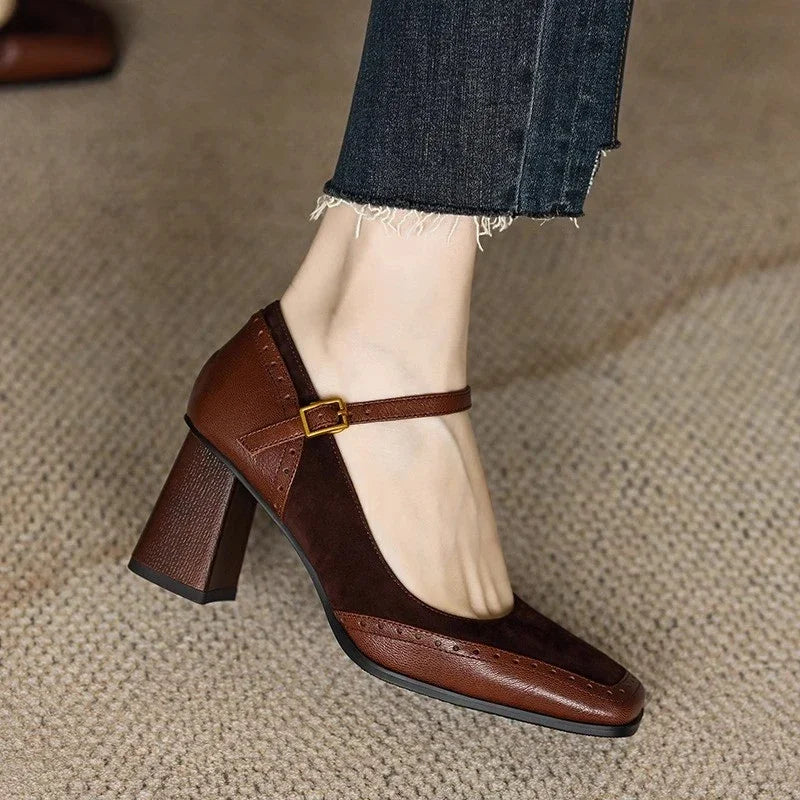 Constance | Square Toe Brogue Ankle Strap Block Heel Pumps