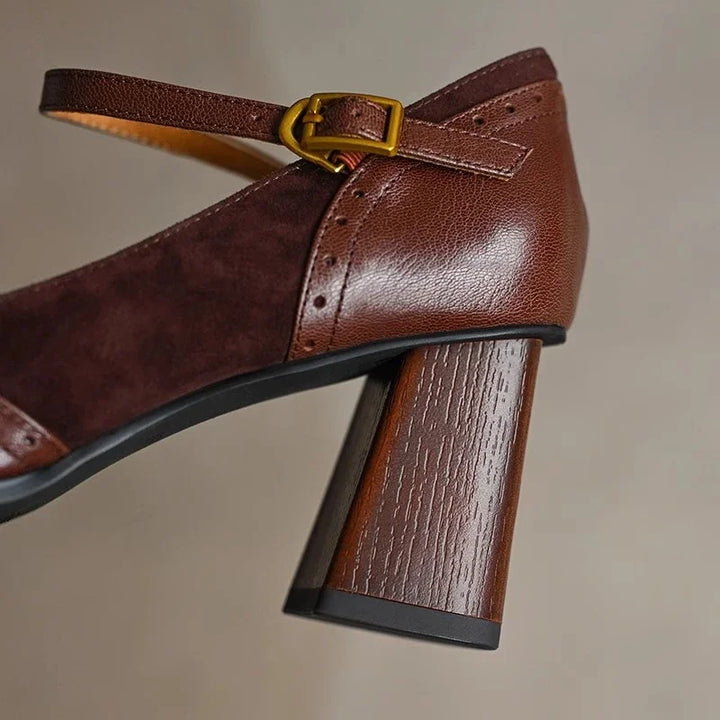 Constance | Square Toe Brogue Ankle Strap Block Heel Pumps