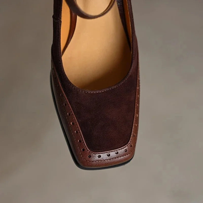 Constance | Square Toe Brogue Ankle Strap Block Heel Pumps