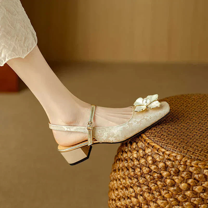 Florine | Floral Square Toe Block Heel Slingback Pumps