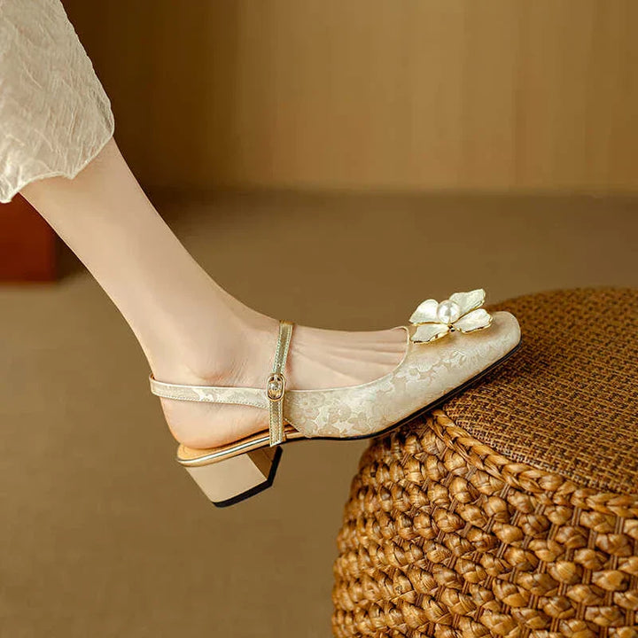 Florine | Floral Square Toe Block Heel Slingback Pumps