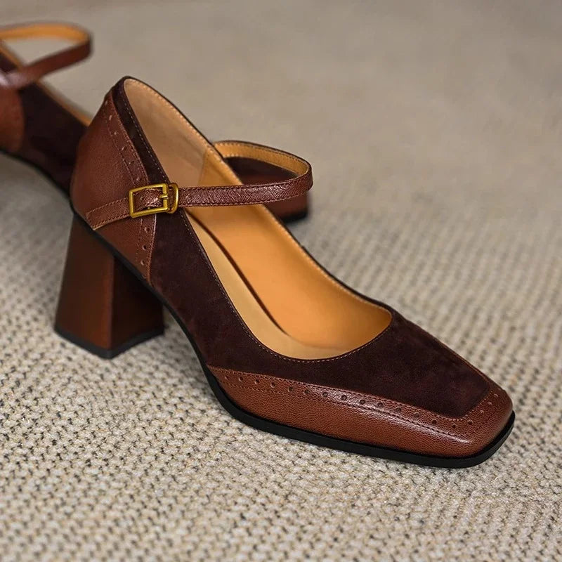 Constance | Square Toe Brogue Ankle Strap Block Heel Pumps