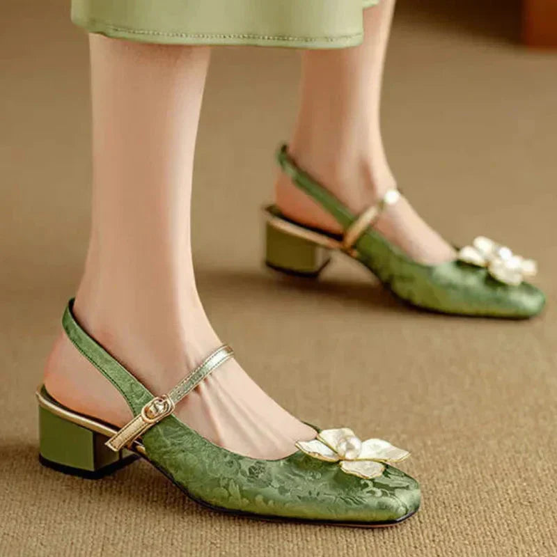 Florine | Floral Square Toe Block Heel Slingback Pumps