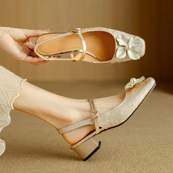 Florine | Floral Square Toe Block Heel Slingback Pumps