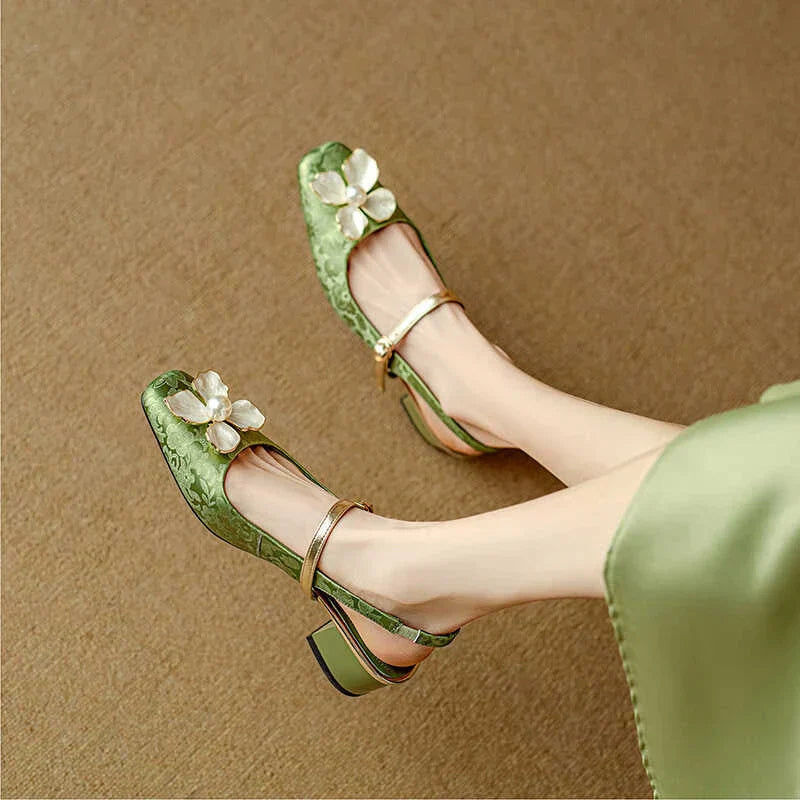 Florine | Floral Square Toe Block Heel Slingback Pumps
