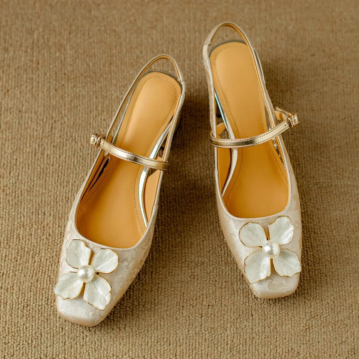 Florine | Floral Square Toe Block Heel Slingback Pumps