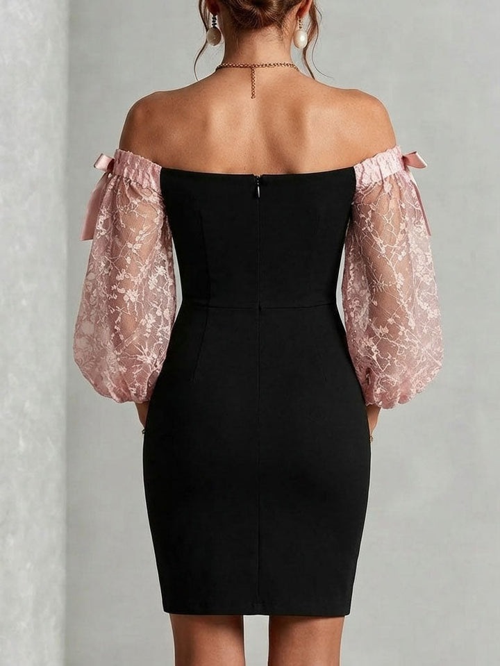 Black Off Shoulder Mini Dress Pink Floral Lace Puff Sleeve Satin Bow Bodycon Party Dress