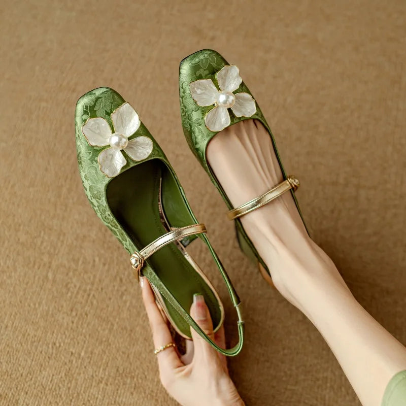 Florine | Floral Square Toe Block Heel Slingback Pumps