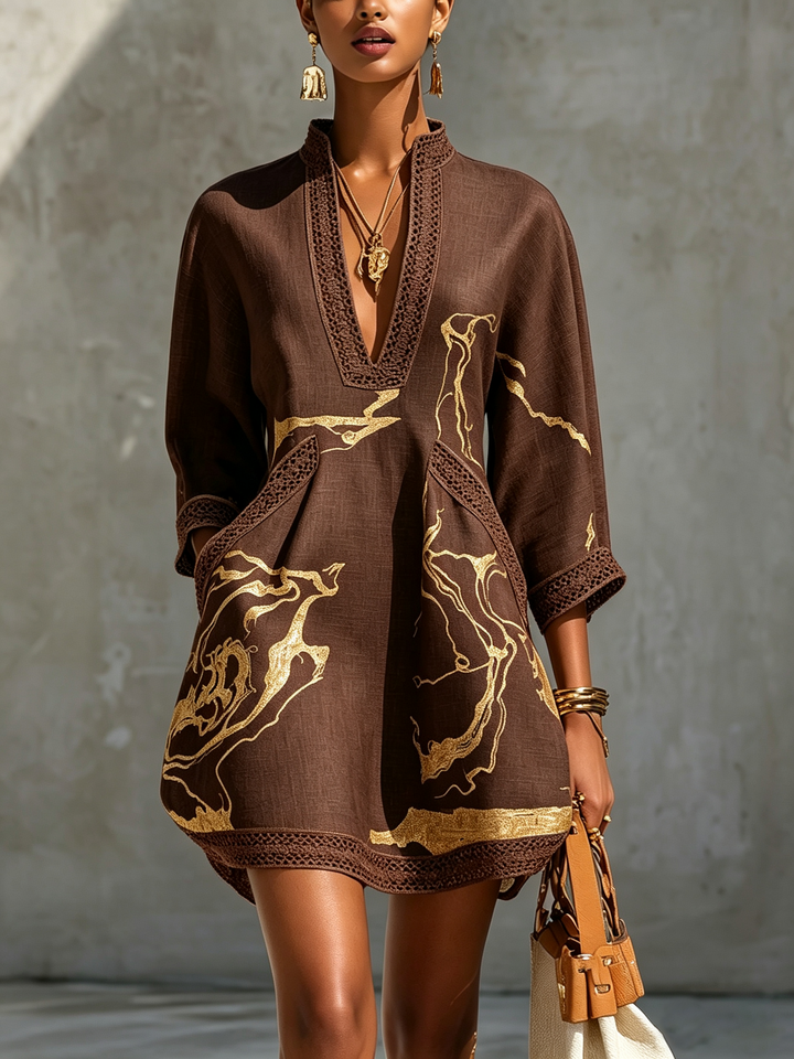 Black Gold Printed V-neck Crochet Lace Mini Dress