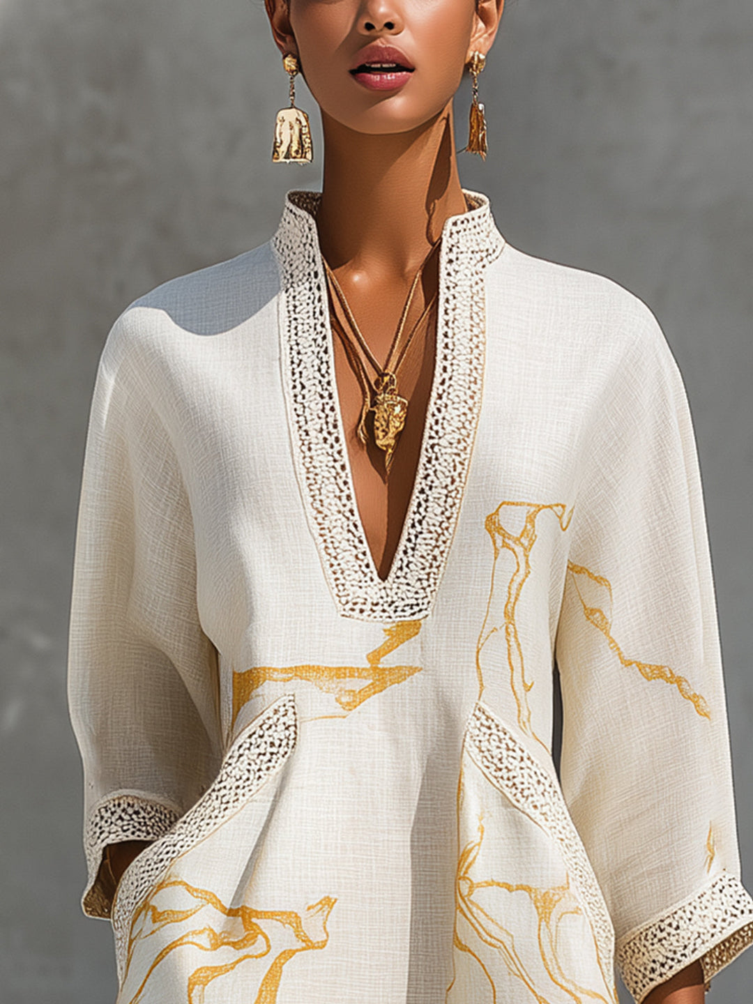 Ivory Gold Printed V-neck Crochet Lace Mini Dress