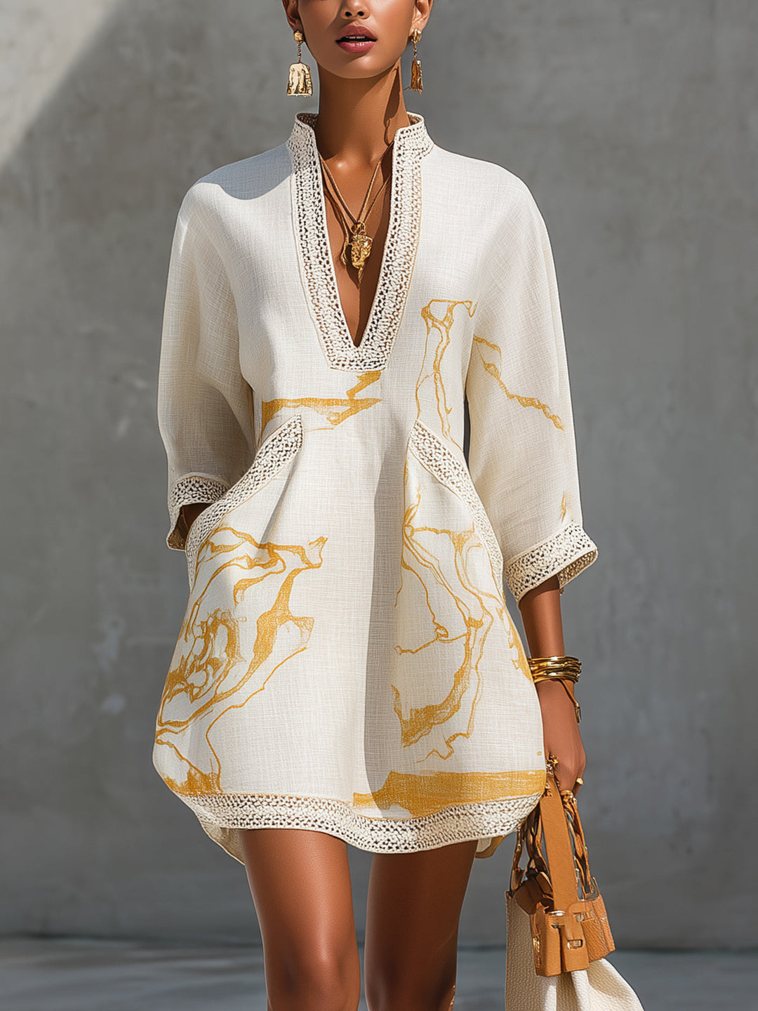 Ivory Gold Printed V-neck Crochet Lace Mini Dress