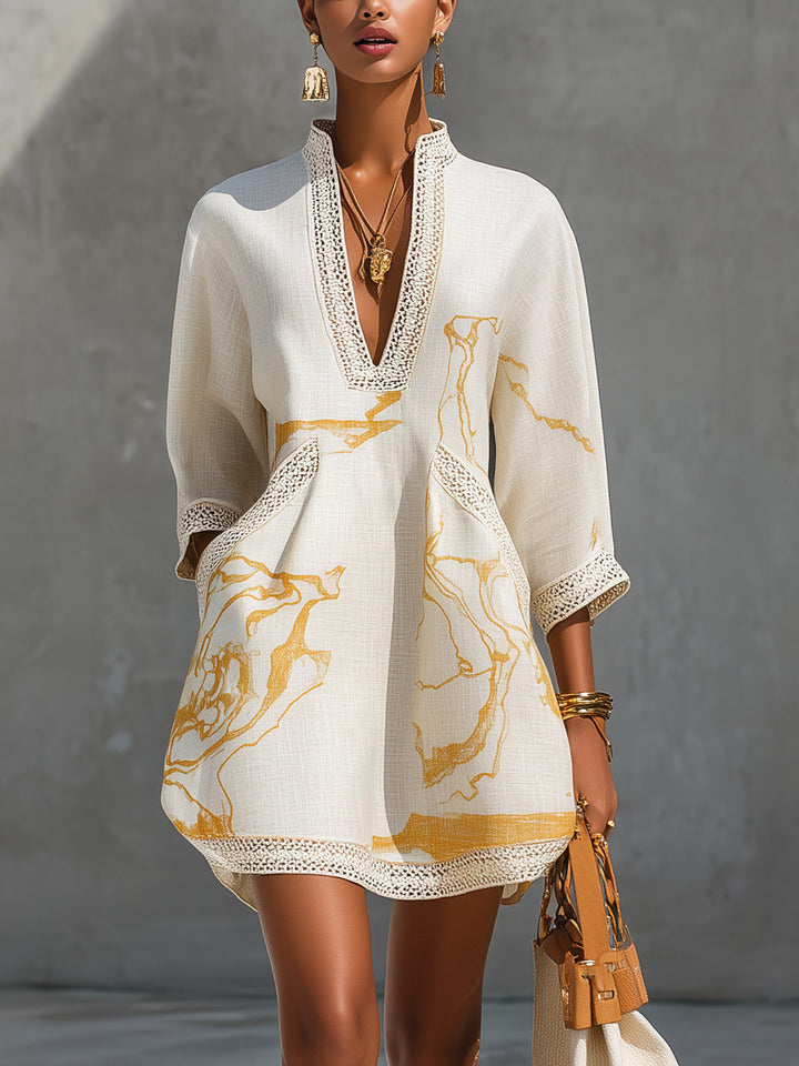 Ivory Mini Lace Dress with Gold Patterns and V-Neck