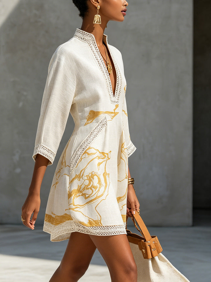 Ivory Mini Lace Dress with Gold Patterns and V-Neck