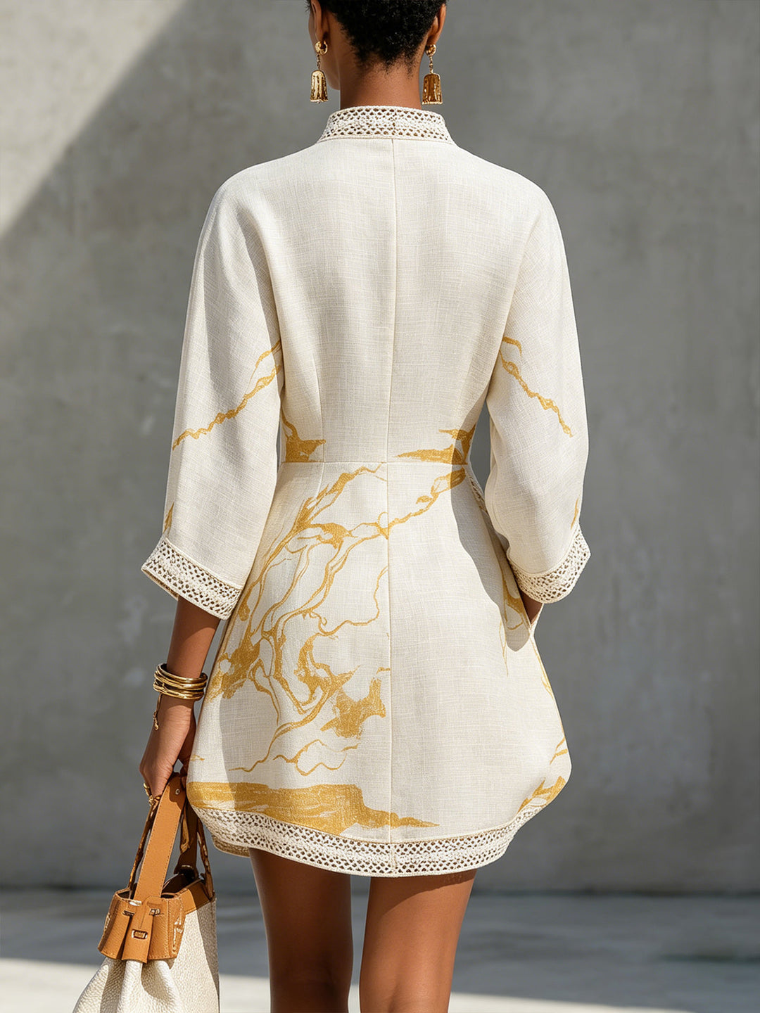 Ivory Mini Lace Dress with Gold Patterns and V-Neck
