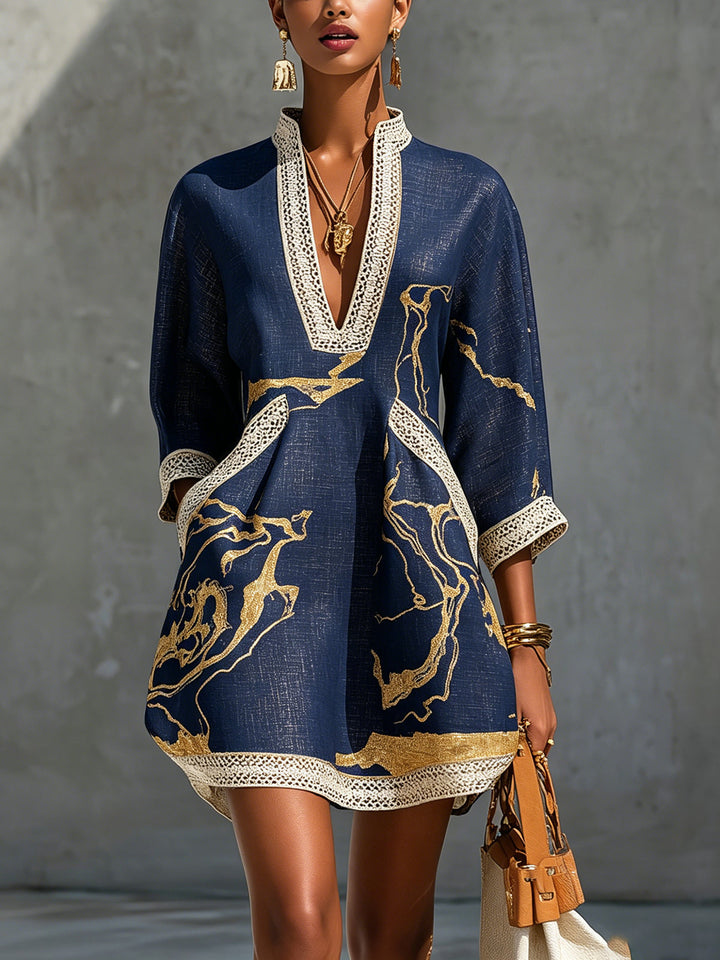 Black Gold Printed V-neck Crochet Lace Mini Dress