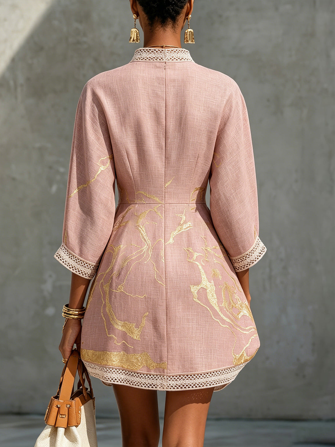 Pink Gold Printed V-neck Crochet Lace Mini Dress