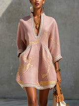 Pink Gold Printed V-neck Crochet Lace Mini Dress