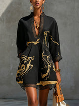 Black Gold Printed V-neck Crochet Lace Mini Dress