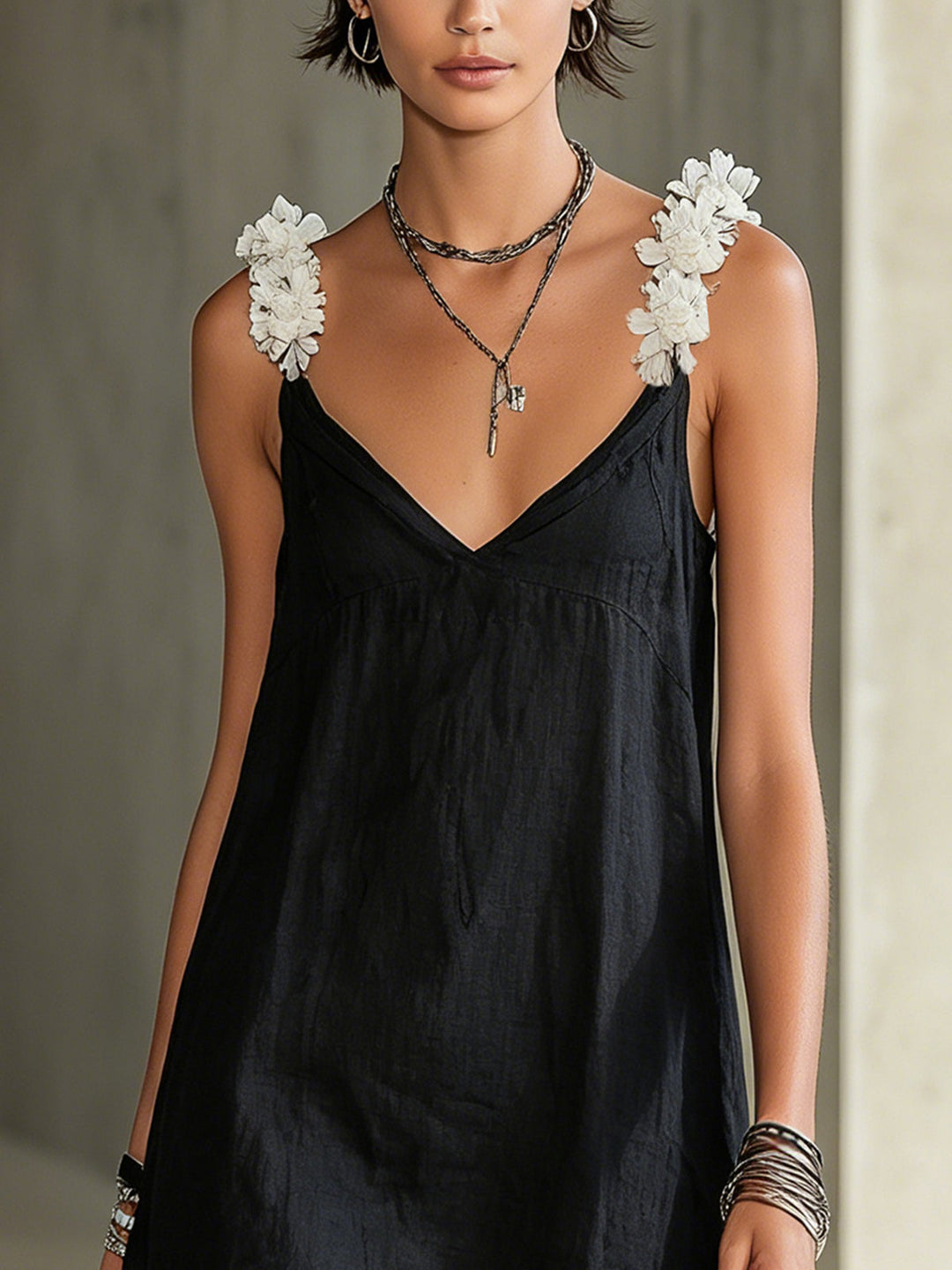 Black V-neck Floral Strap Mini Dress