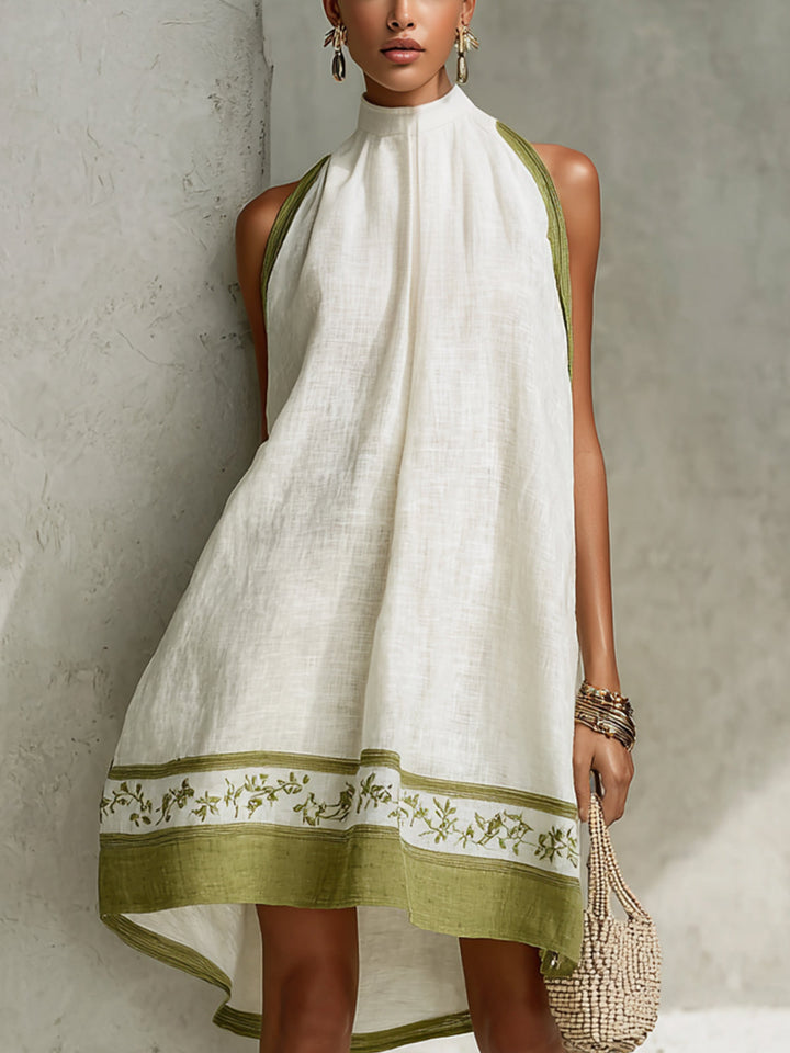 White And Olive Green Floral Sleeveless A-line Mini Dress