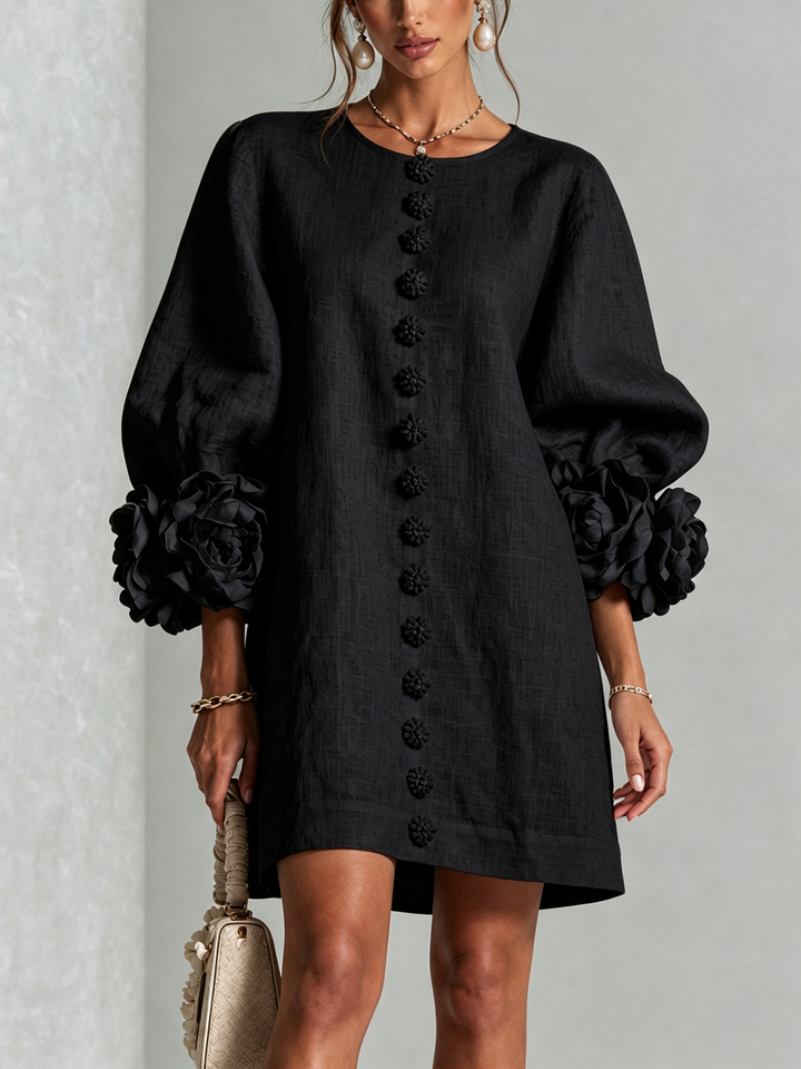 White Floral Button-down Mini Dress With Striking Floral Cuffs