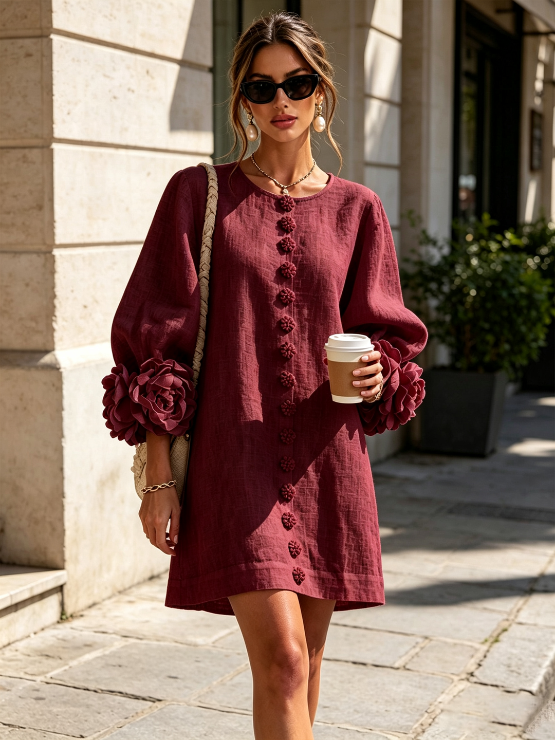 White Floral Button-down Mini Dress With Striking Floral Cuffs