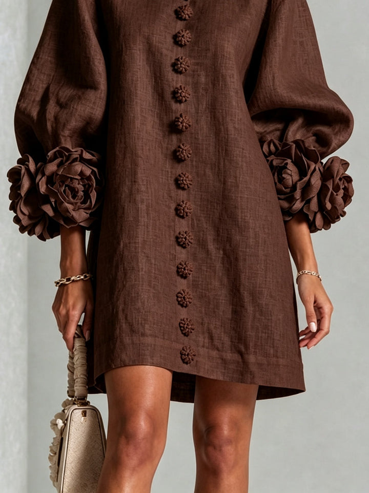 Chocolate Brown Floral Button-down Mini Dress With Striking Floral Cuffs