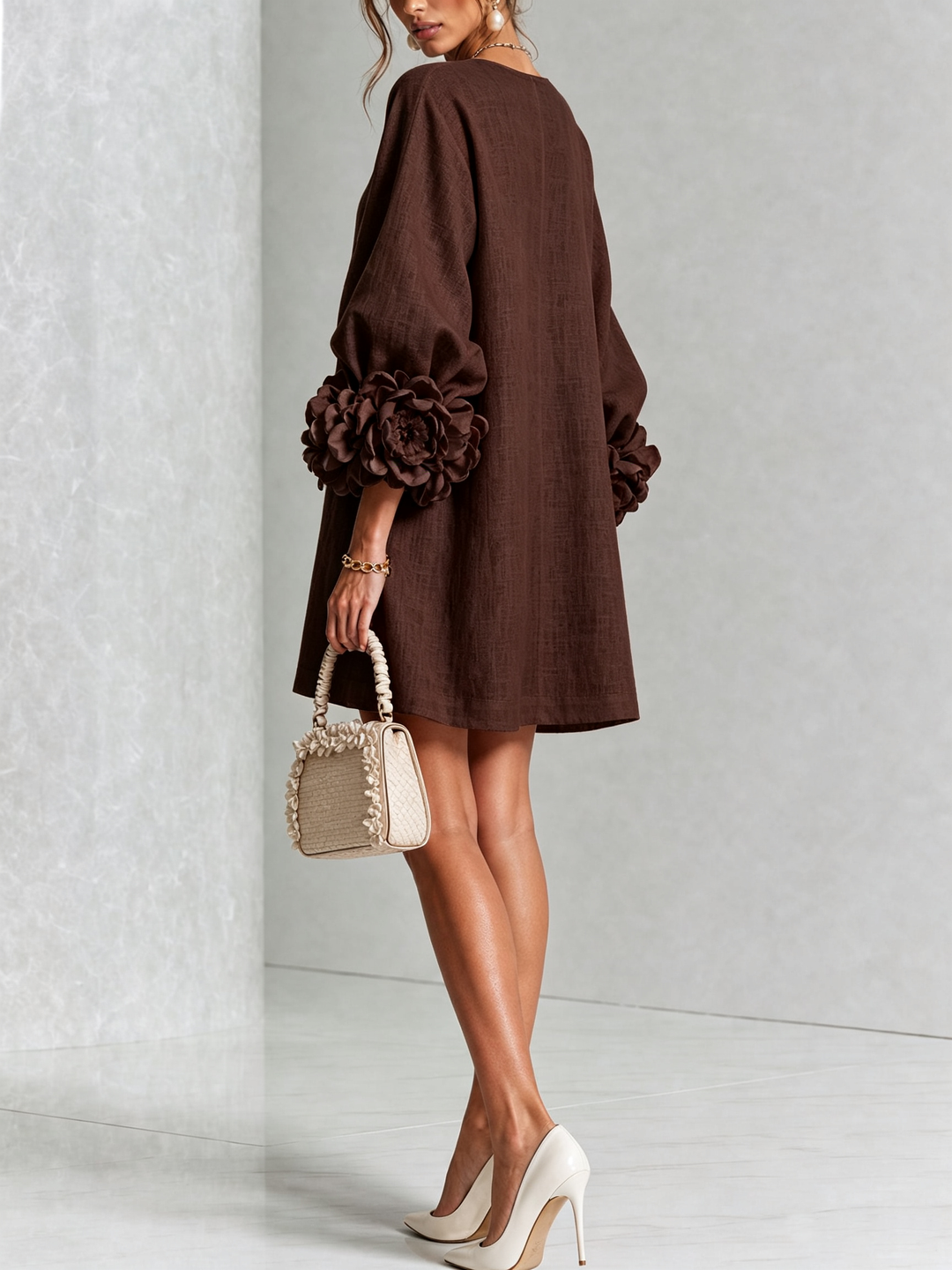 Chocolate Brown Floral Button-down Mini Dress With Striking Floral Cuffs