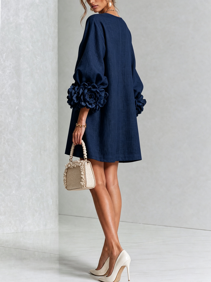 White Floral Button-down Mini Dress With Striking Floral Cuffs