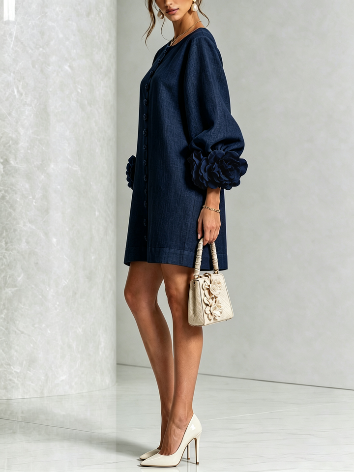 Navy Floral Button-down Mini Dress With Striking Floral Cuffs