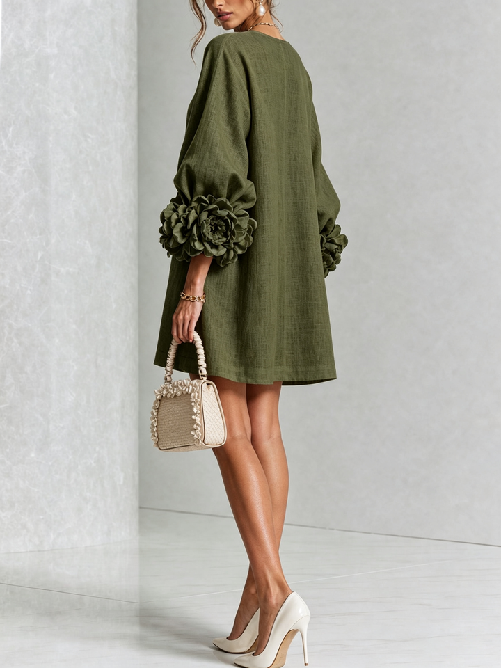White Floral Button-down Mini Dress With Striking Floral Cuffs