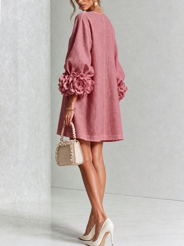 White Floral Button-down Mini Dress With Striking Floral Cuffs