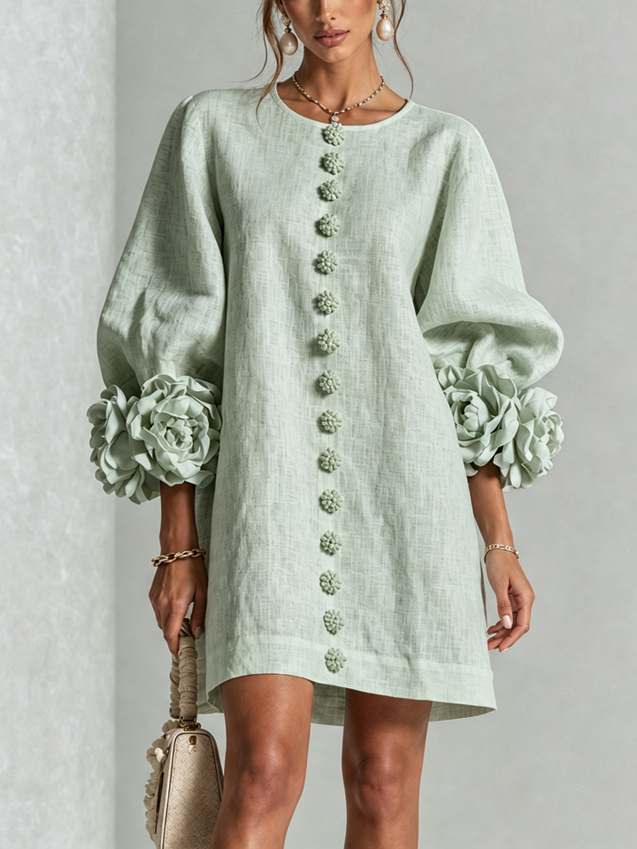 Sage Mist Floral Button-down Mini Dress With Striking Floral Cuffs