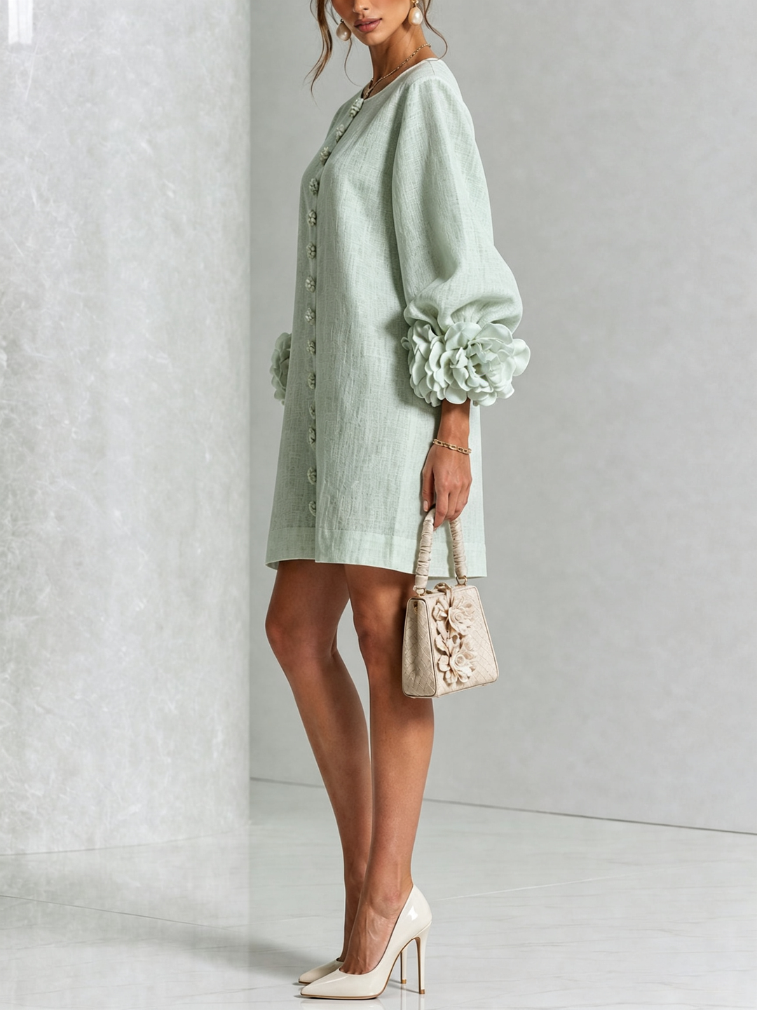 White Floral Button-down Mini Dress With Striking Floral Cuffs