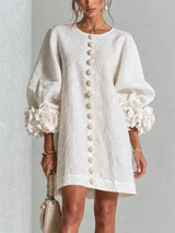 White Floral Button-down Mini Dress With Striking Floral Cuffs