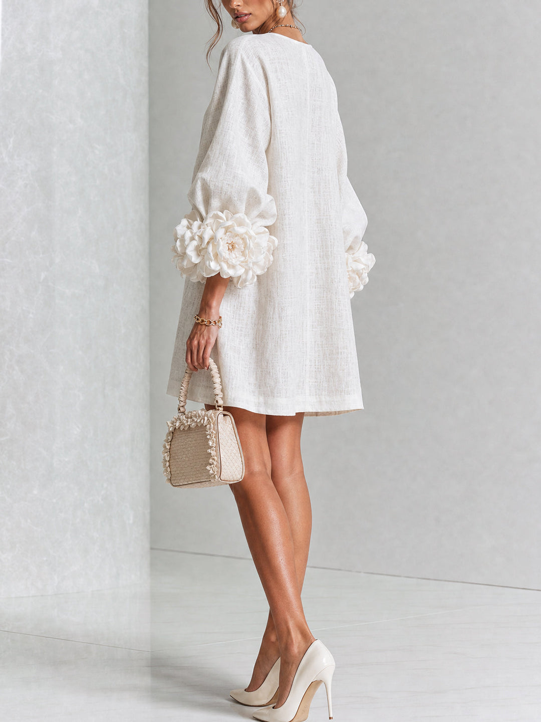 White Floral Button-down Mini Dress With Striking Floral Cuffs