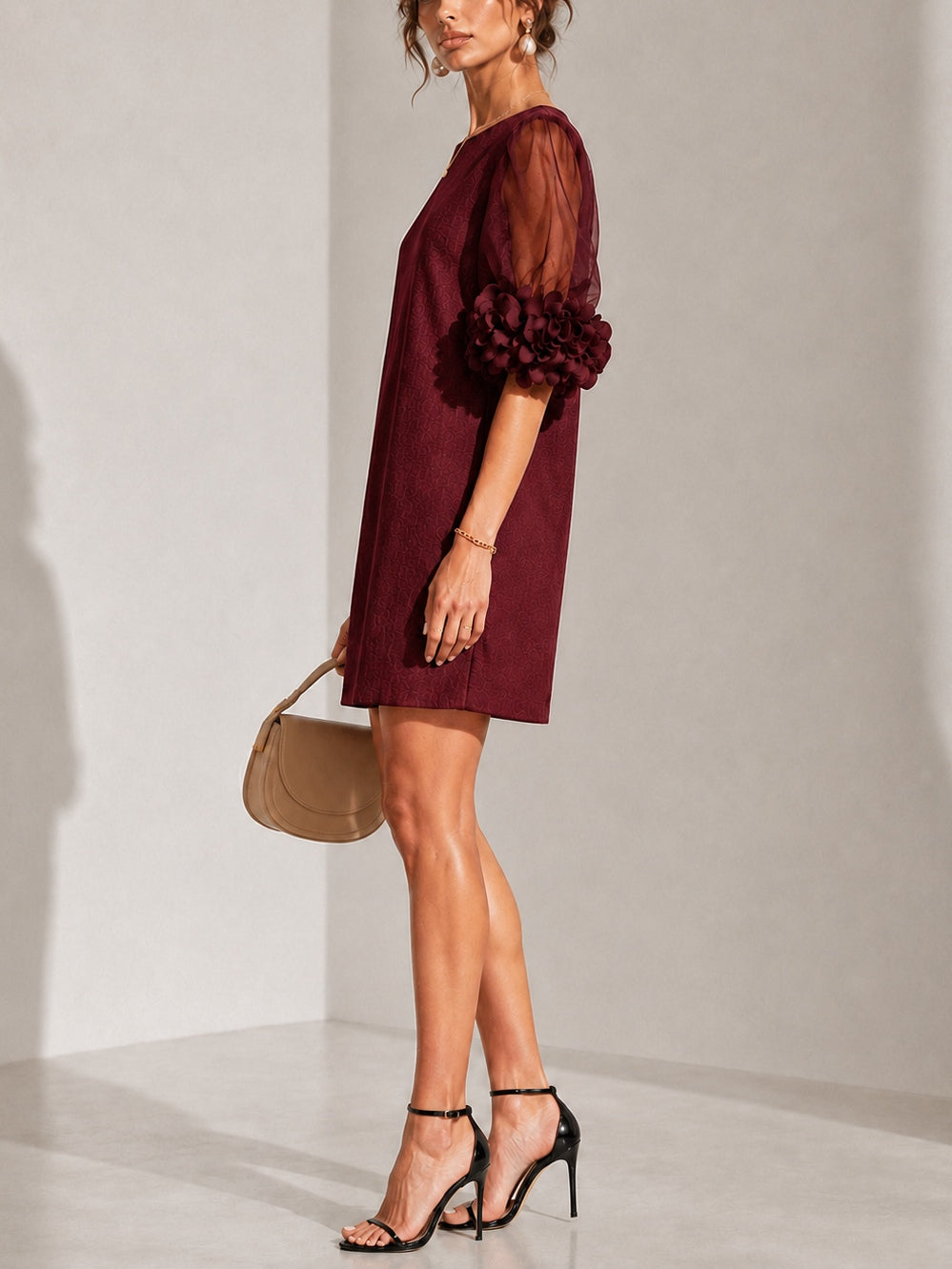 Burgundy Organza Puff-sleeved Mini Dress With Striking Floral Cuffs