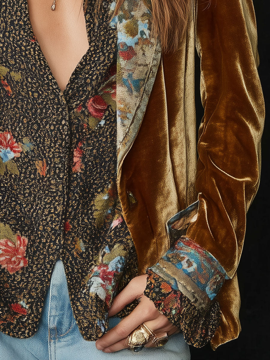 Vintage Floral Printed Patchwork Blazer