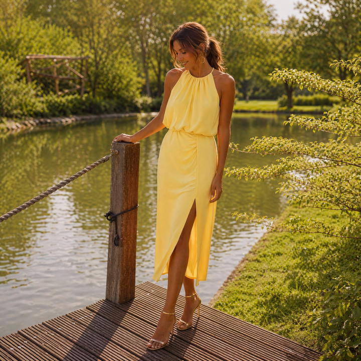 Ella | Vestido midi sin mangas con cuello alto y diseño fluido