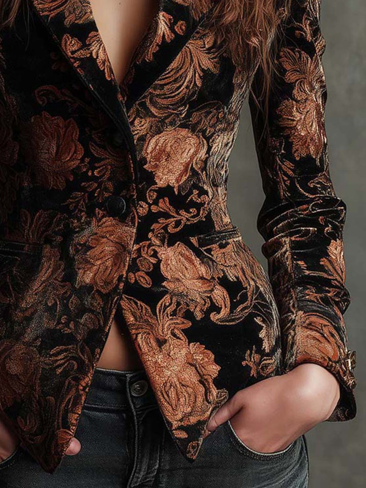 Floral Print Black and Bronze Tailored Blazer