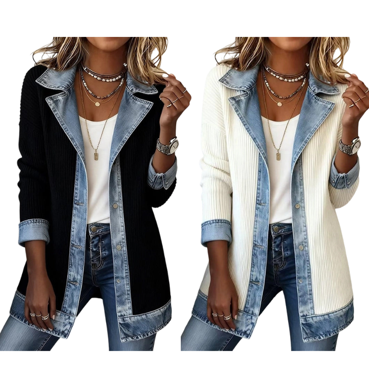 Manteau en maille côtelée élégant pour femme avec empiècements en jean