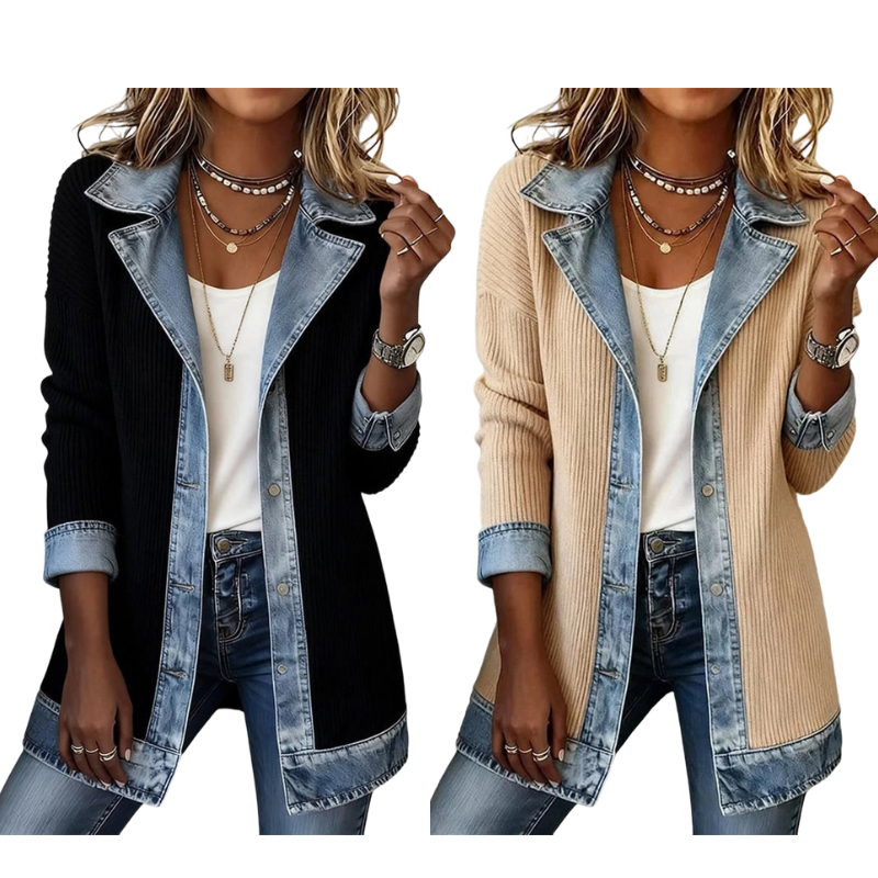 Manteau en maille côtelée élégant pour femme avec empiècements en jean