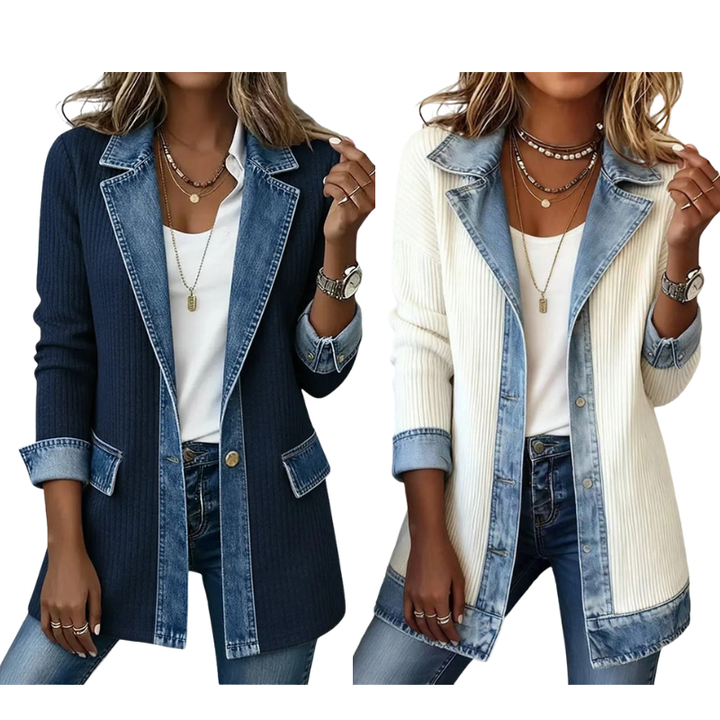 Manteau en maille côtelée élégant pour femme avec empiècements en jean