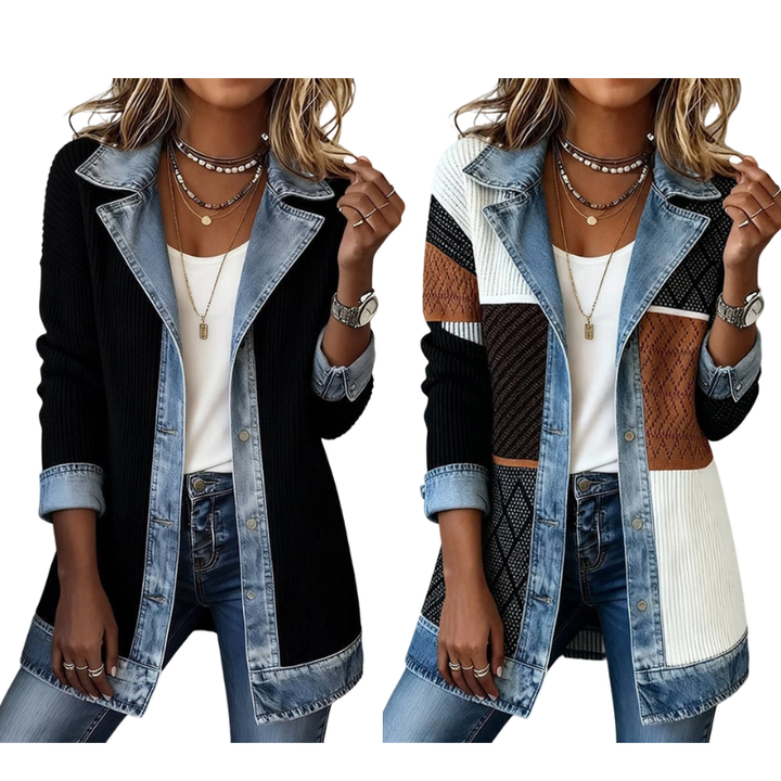 Manteau en maille côtelée élégant pour femme avec empiècements en jean