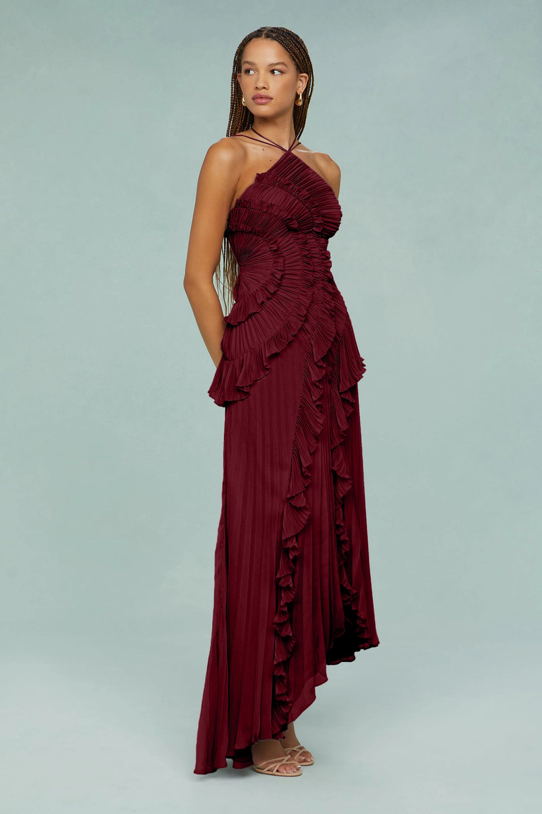 Jessica | Pleated Frill Halter Neck Midi Dress