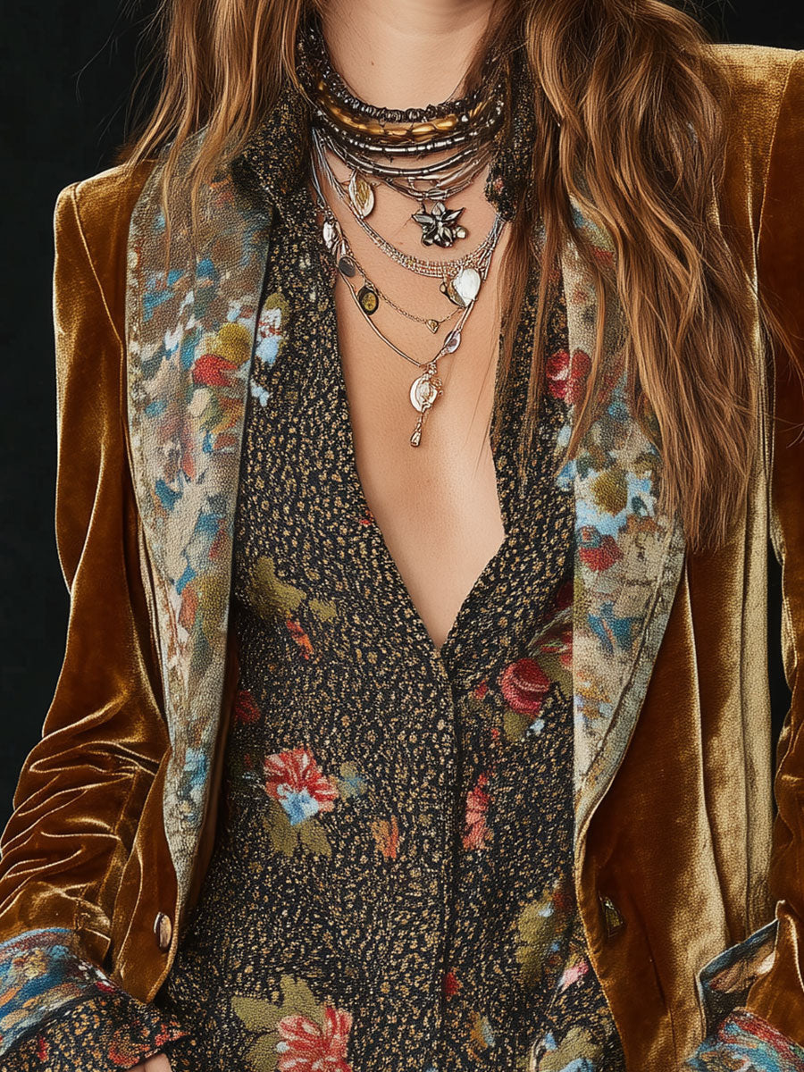 Vintage Floral Printed Patchwork Blazer