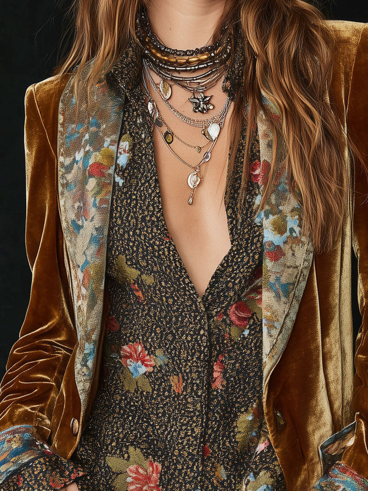 Vintage Floral Printed Patchwork Blazer