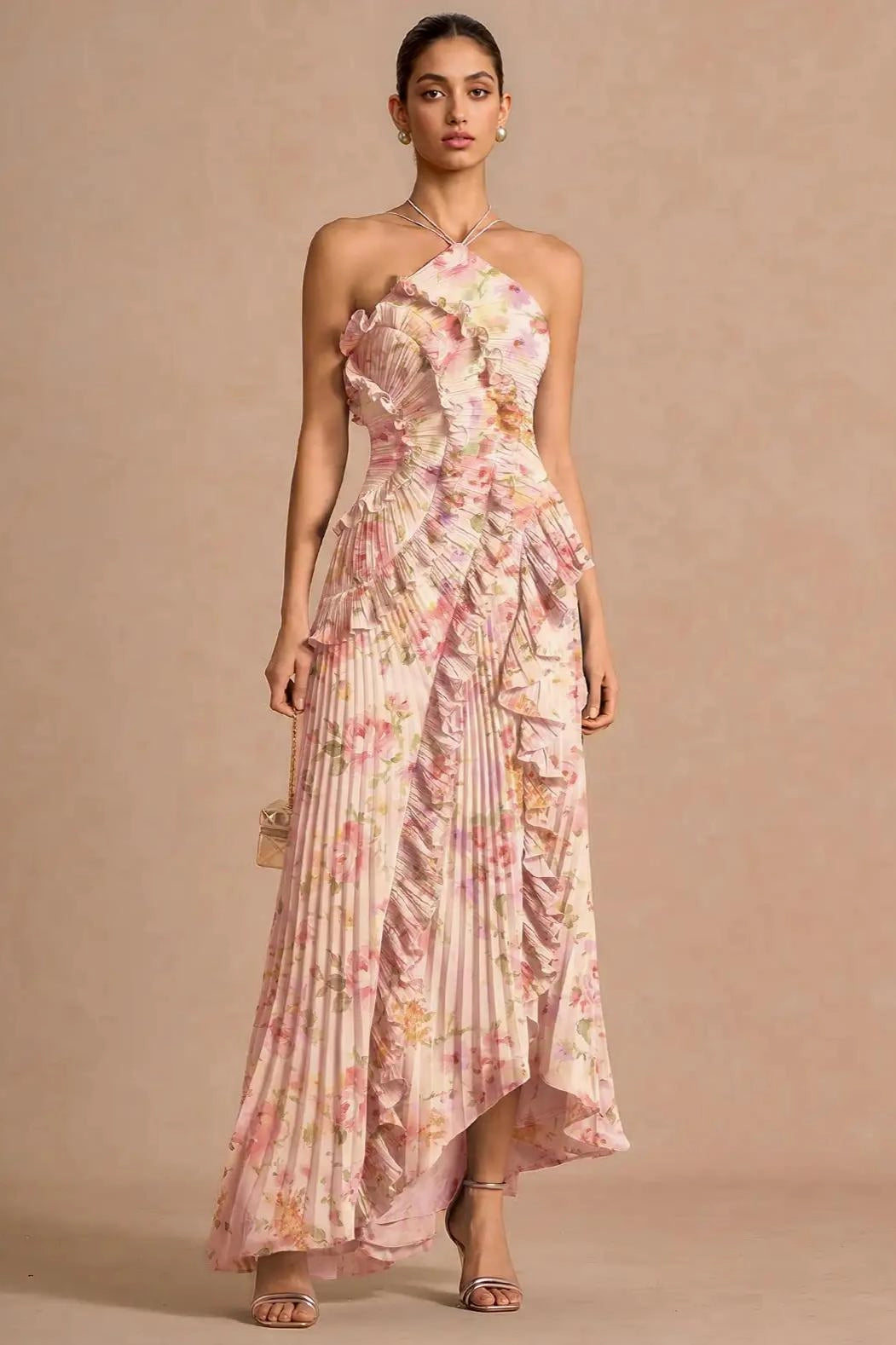 Jessica | Pleated Frill Halter Neck Midi Dress
