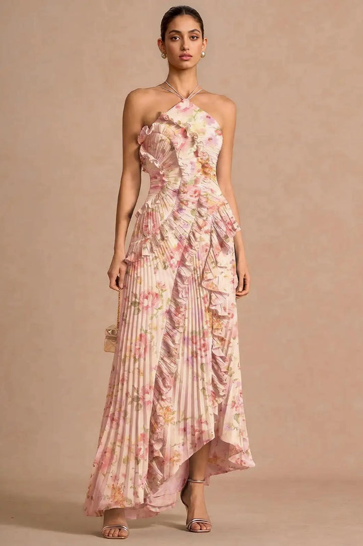 Jessica | Pleated Frill Halter Neck Midi Dress